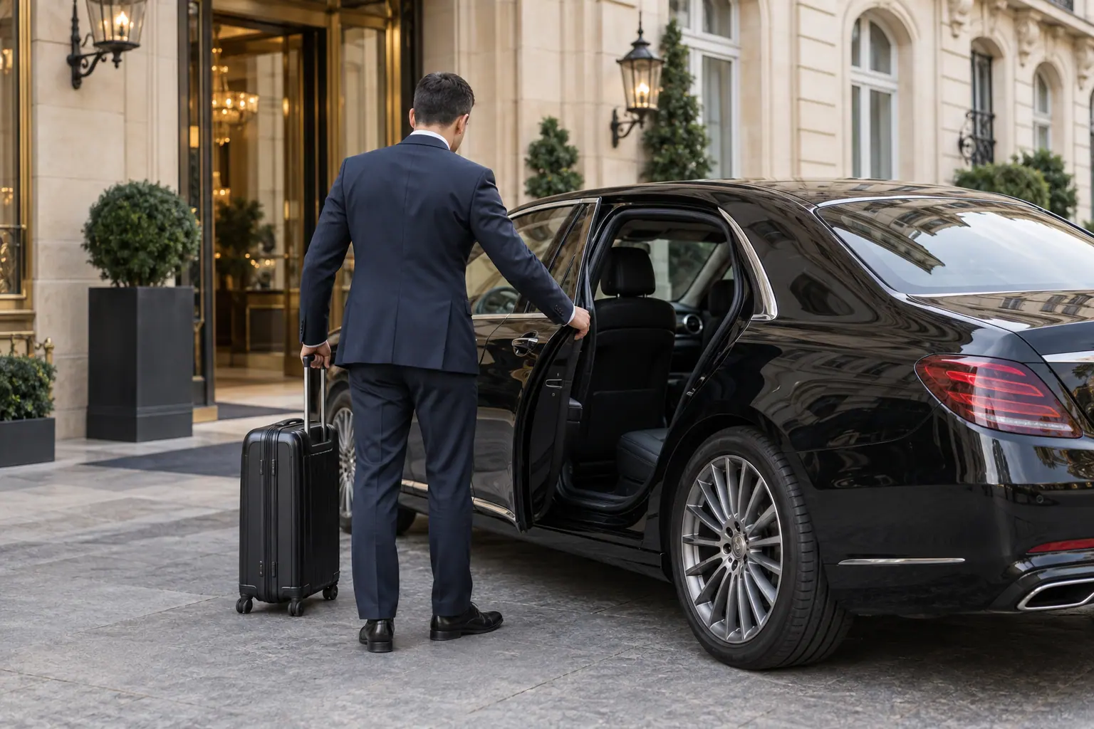 Illustration d’un chauffeur ouvrant la portière devant un hôtel parisien